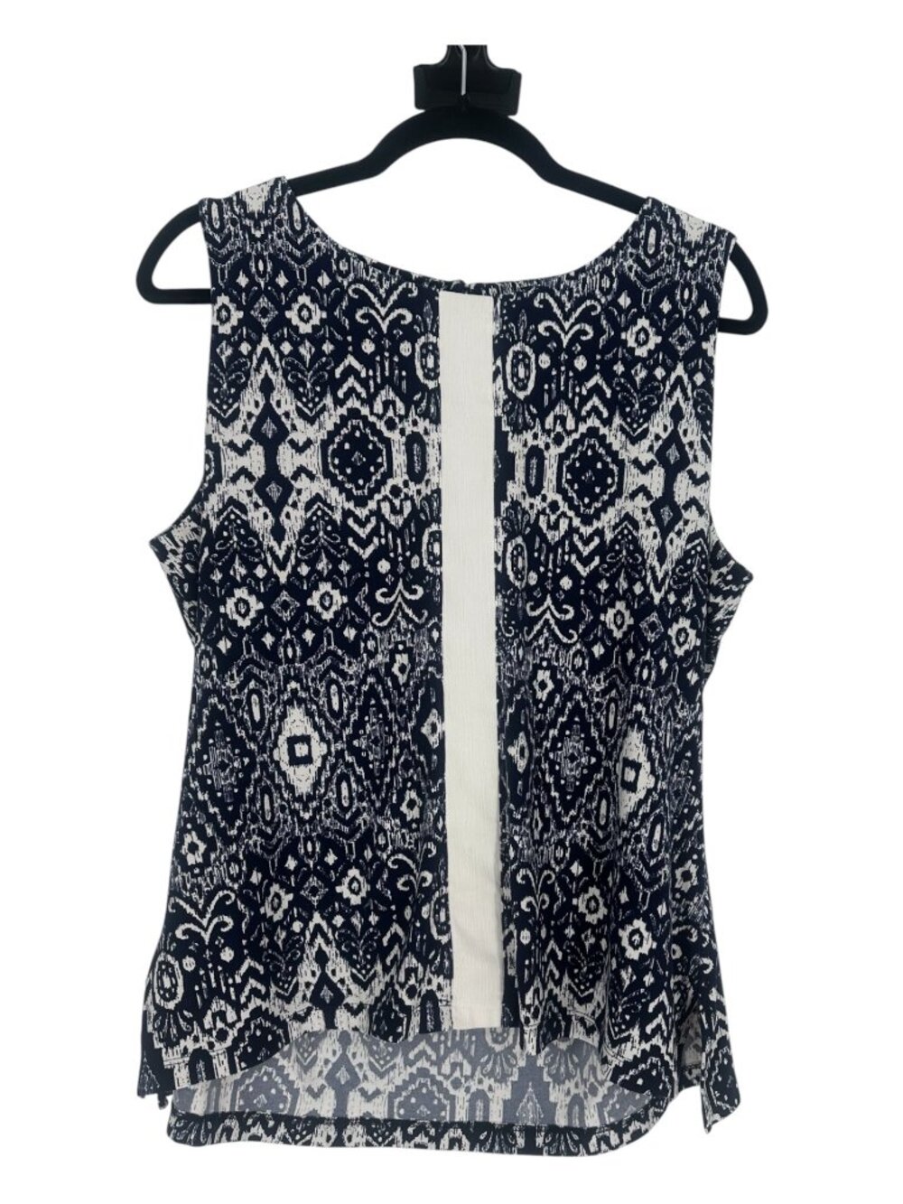 Tommy Hilfiger Navy White Ikat Sleeveless Blouse Large Split Front Overlay Stret